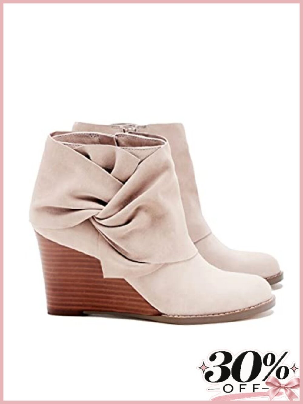 Faux Suede Wedge Booties Stacked Heel Ankle Boots Pointed Toe Bow